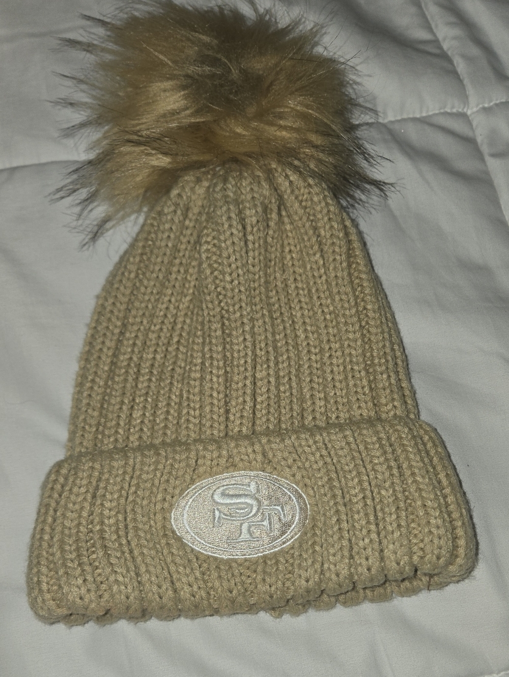 Beige Knit Pom Pom Beanie with Embroidered Logo